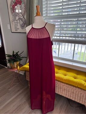 DKNY Burgundy Halter Sheer Yoke Maxi Dress